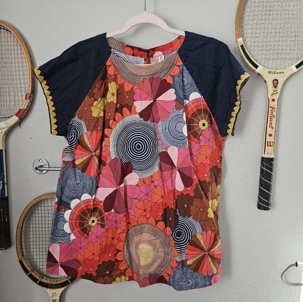 Colorful Floral Patchwork Women’s Top - Navy Sleeves